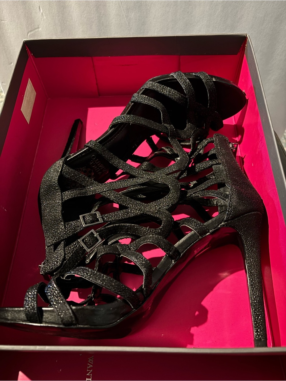 Vince Camuto Black Glitter Strappy Stiletto Sandals